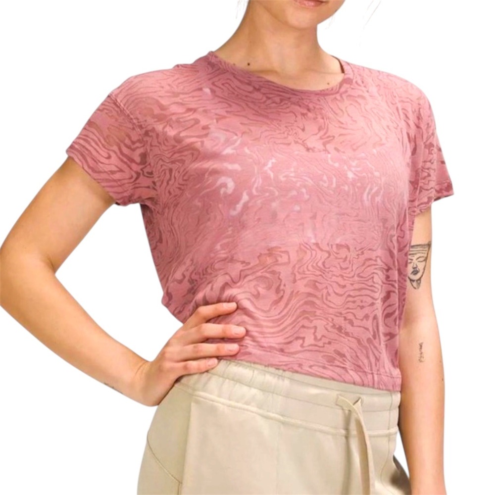 Lululemon Cates Sleeve T-Shirt Pink Marble Burnout Boxy Chai Crop Size 4